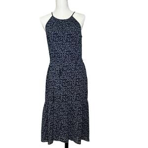 DR2 Dress Womens Navy, Green & White SZ S Midi Ditsy Floral Jewel Neck Tiered